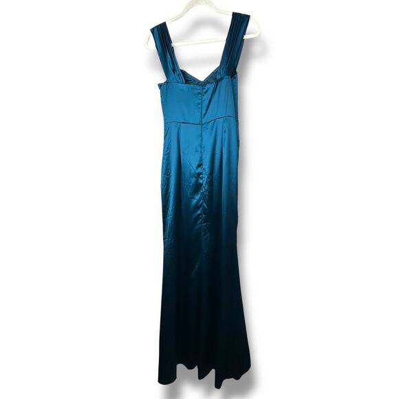 Lulus NWT Stunning Arrival Dark Teal Satin Off-the-Shoulder Maxi Dress Medium - Picture 7 of 10